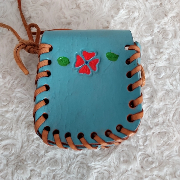 Little leather Hand Crafted floral turquiose blue bag pouch - Picture 2 of 5